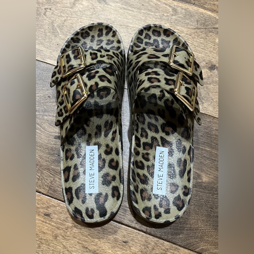 NWOT Steve Madden Evanne Animal Print Slides 1.25” Platform Brown Black Size 8 - Picture 4 of 8